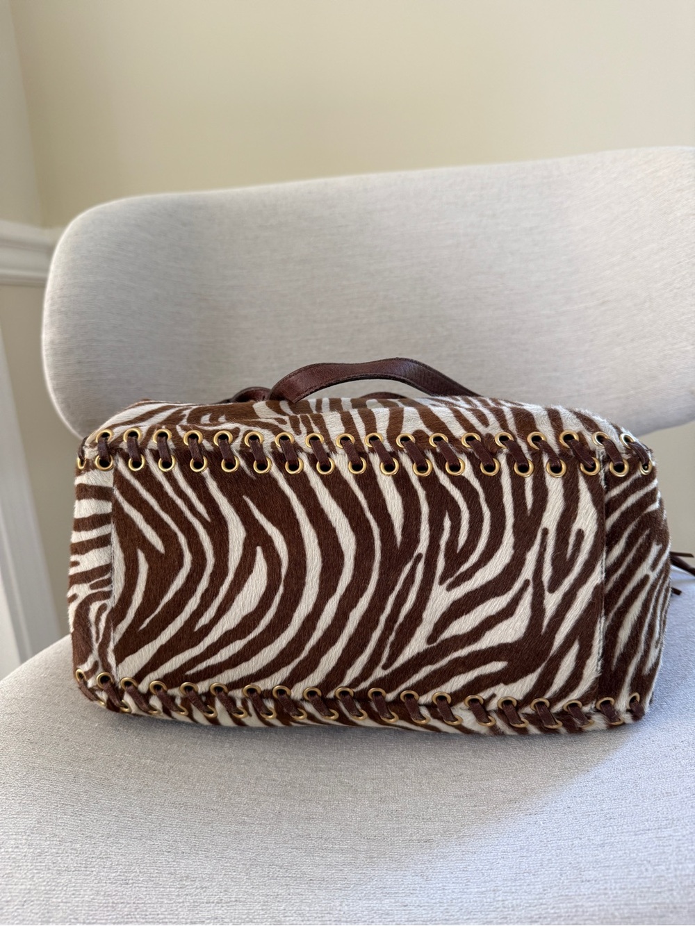 Prada Zebra Pony Hair Calf Hair Leather Tote Shoulder Bag Brown Gold Tassel - Picture 5 of 14